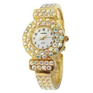 Vintage Geneva Elite Ladies Quartz Watch Gold Tone w/Colorful Crystals MOP Dial